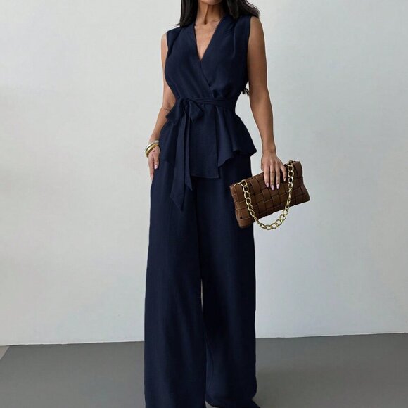 navy blue Elegant Women's Surplice Sleeveless Belted Blouse & Wide leg Pant Set - Picture 4 of 7
